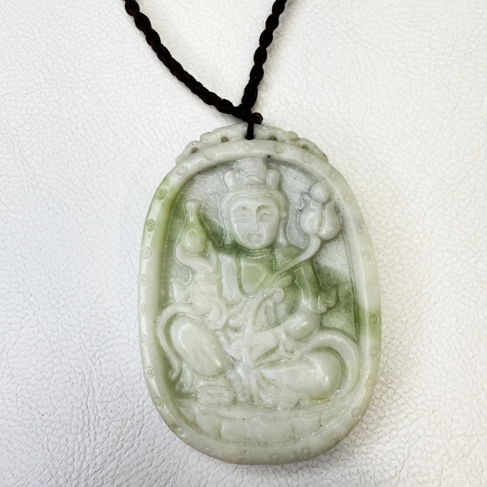 Jadeite Jade‎ Guanyin Pendant Necklace Carved Religious Amulet Adjustable Cord